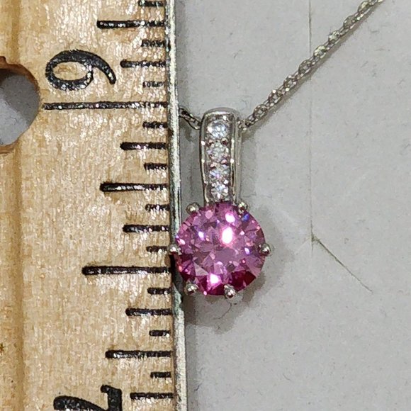 Pink & White Moissanite pendant necklace 7mm round VS quality in Plat/925SS 20" - Picture 2 of 4